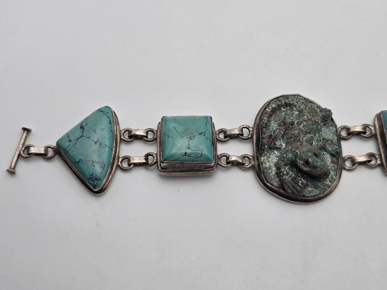Sterling Silver Vintage Sterling Silver 925 Bracelet Carved Lizard Turquoise Size ONE SIZE - 2 Thumbnail