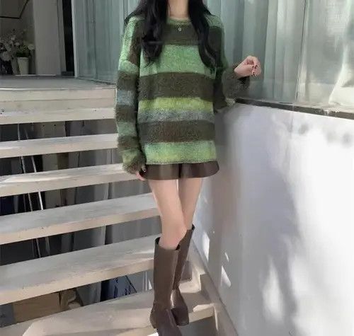 Vintage Green loose contrast striped sweater Size M / US 6-8 / IT 42-44 - 7 Thumbnail