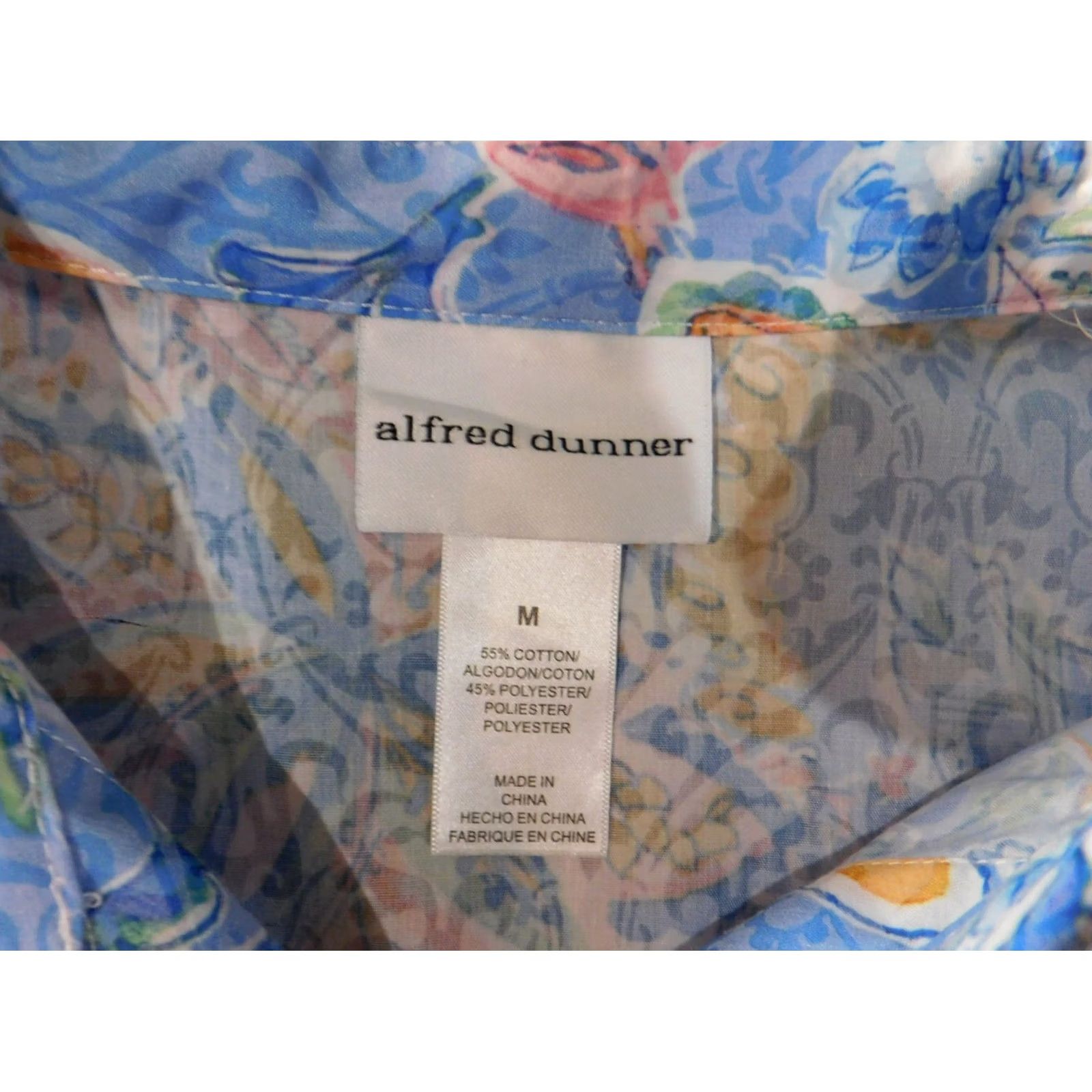 Vintage Alfred Dunner Button-Up Shirt Womens Medium Blue Floral Collared Short Sleeve Casual Regular Cotton Polyester Rayon Sheer Size M / US 6-8 / IT 42-44 - 5 Thumbnail