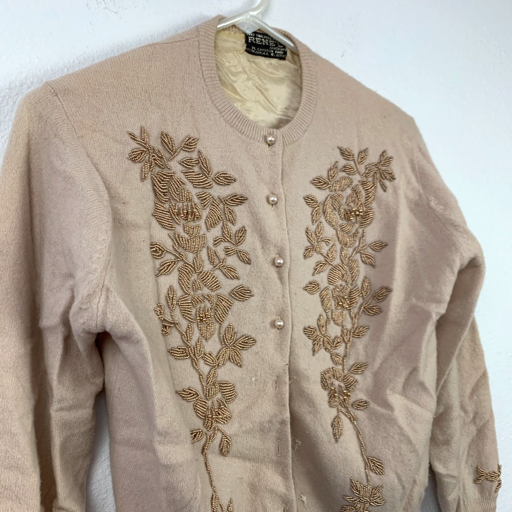 Vintage VINTAGE RENE'L Beaded Cardigan Sweater Shirt Medium Ivory Kowloon Hong Kong 1960s Boho Womens Size S / US 4 / IT 40 - 2 Thumbnail