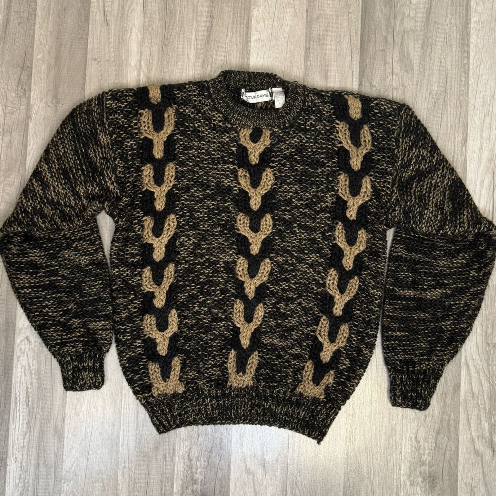 Vintage Vintage 90s 3D Knit Sweater Brown Black Geometric Pattern Size US L / EU 52-54 / 3 - 1 Thumbnail