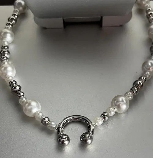 Jewelry Silver and White Pearl Beaded Necklace, Chunky Choker Size ONE SIZE - 3 Thumbnail