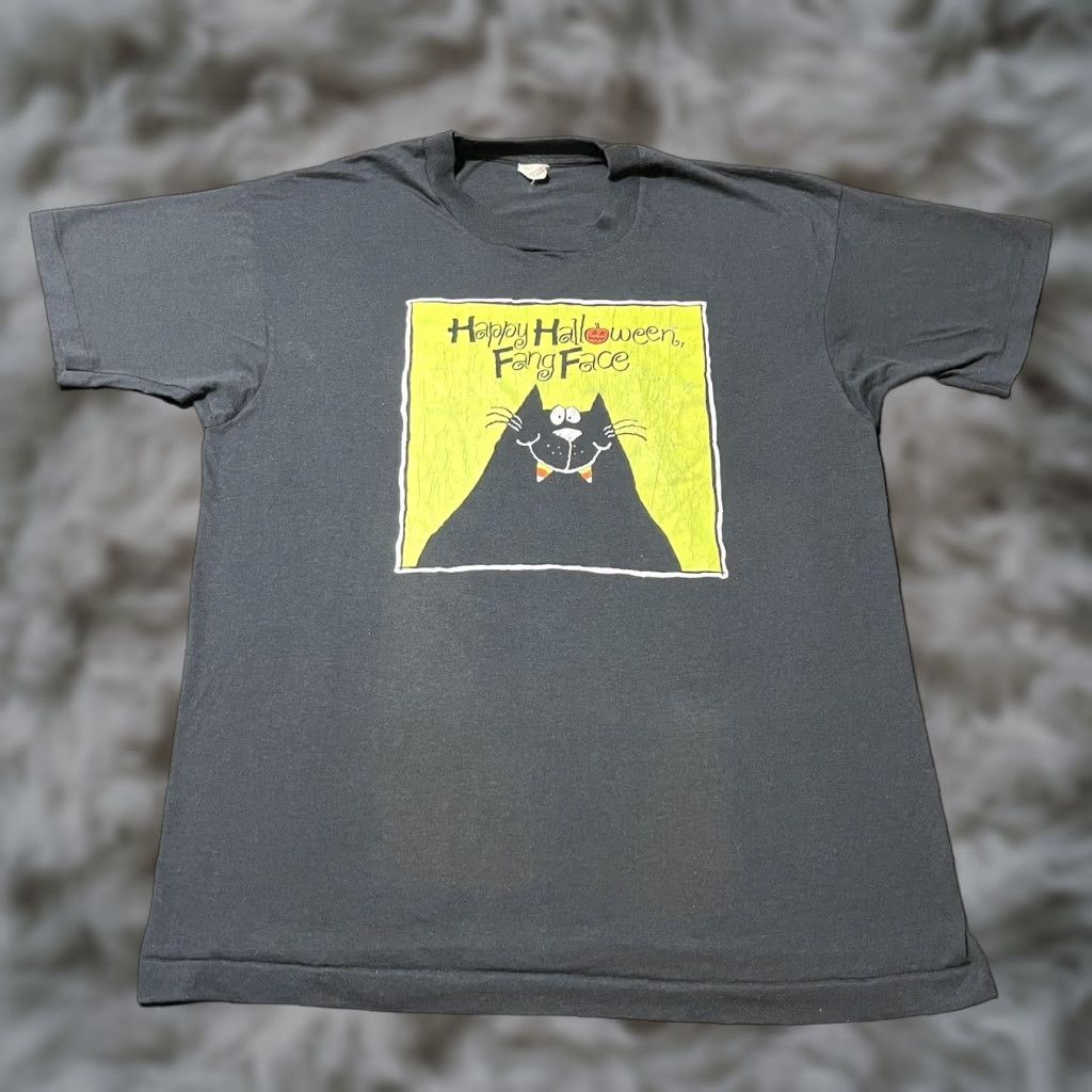 Vintage 90s Hanes Beefy-T Black Cat Halloween T-Shirt Men XL Cotton Knit Graphic Face Candy Corn