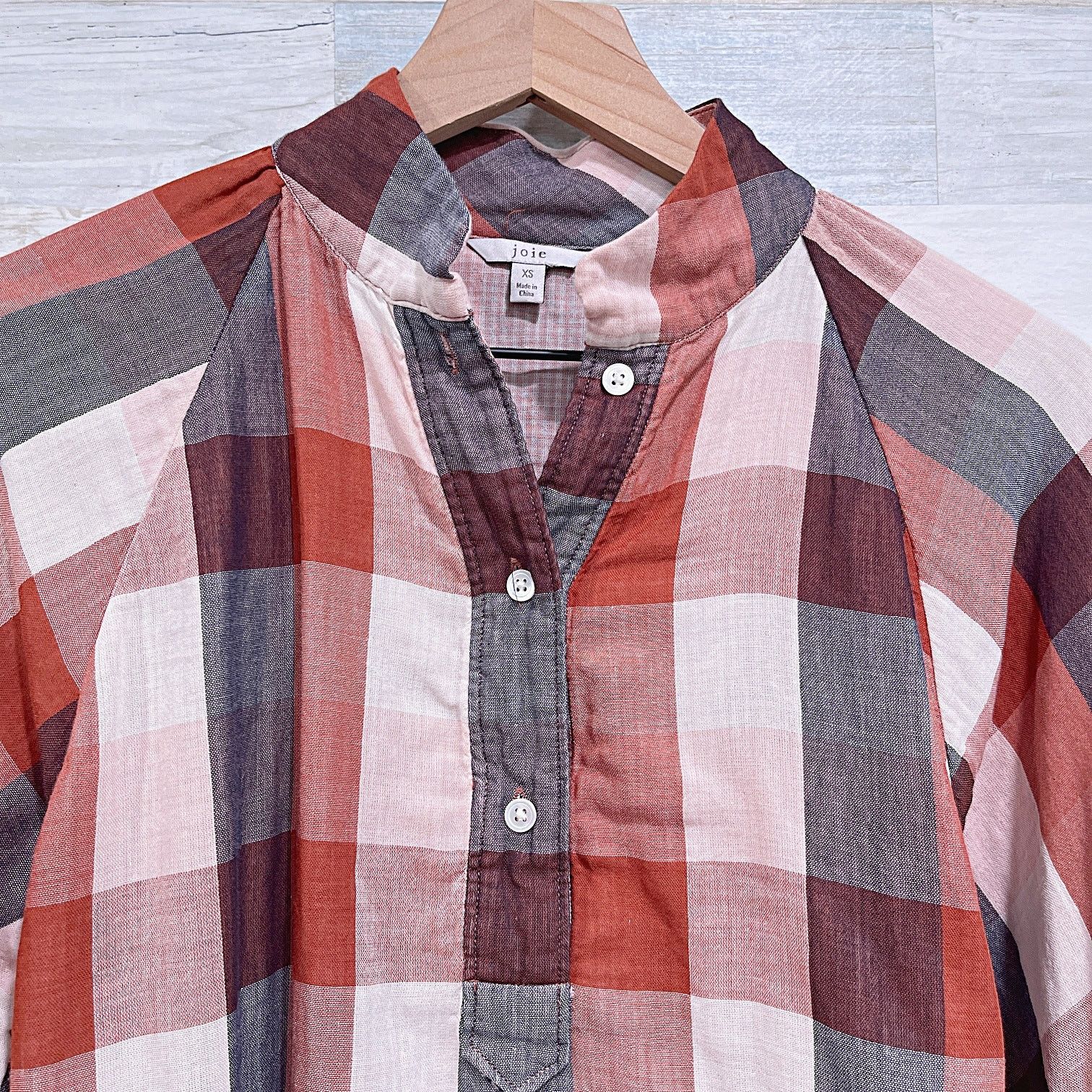 Joie JOIE Dia Plaid Henley Double Cloth Top Brown Orange 3/4 XS Size XS / US 0-2 / IT 36-38 - 2 Thumbnail