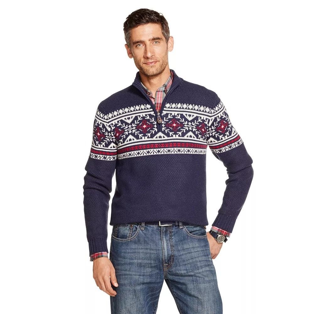 Izod Izod Fair Isle Quarter Zip Sweater M Classic Fit Blue Red Ho Size US M / EU 48-50 / 2 - 8 Thumbnail