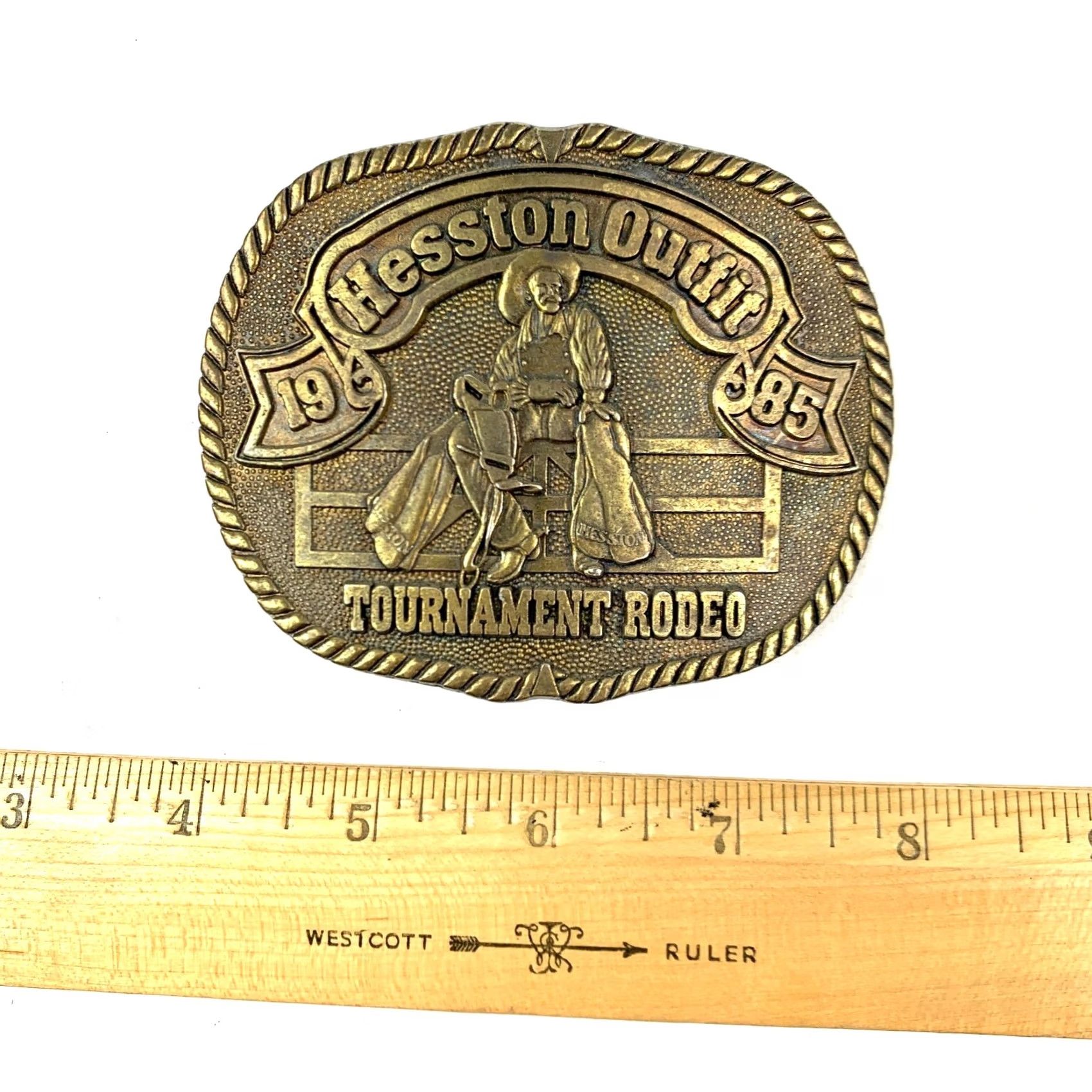 Vintage Hesston Outfit Tournament Rodeo Metal Belt Buckle 1985 Series #1 PRCA Men Western Buckle Metal Scuffing Condition Size ONE SIZE - 7 Thumbnail