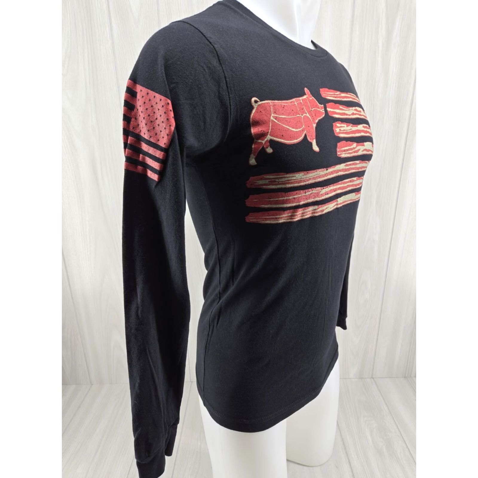 Vintage Grunt Style Long Sleeve Shirt Bacon Flag Small Unisex Adults Men’s S Black Cotton Graphic Print Crew Neck Logo 4-Season Flag Theme Size US S / EU 44-46 / 1 - 6 Thumbnail