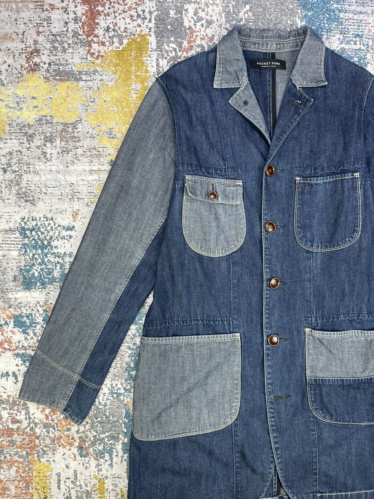 Japanese Brand Patchwork By Pocket Four Denim 2 Tone Osechi Coat Size US M / EU 48-50 / 2 - 4 Thumbnail