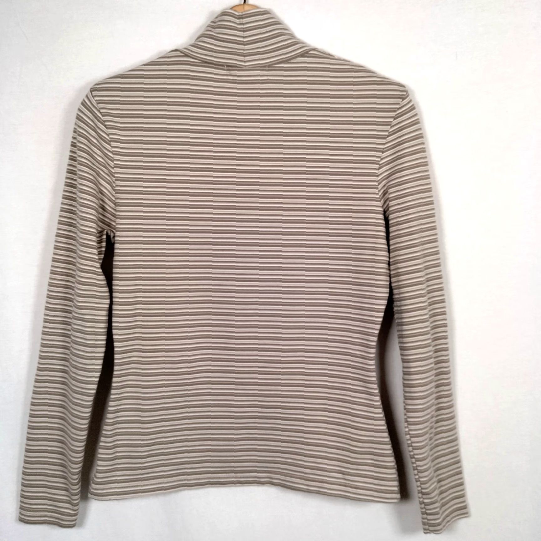 Express VINTAGE Express Tricot Shirt Women M Mock Neck Khaki Tan Striped 90s Preppy Retro Casual Knit Long Sleeve Pullover Modern Classic Mens Womens Girls Size M / US 6-8 / IT 42-44 - 2 Thumbnail
