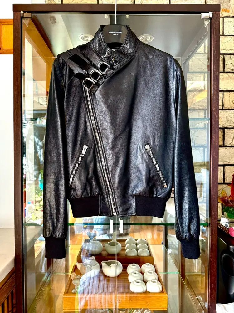 Pre-owned Celine X Hedi Slimane Sz 46 Celine 19ss Tripe Stripe Leather Jacket In Black