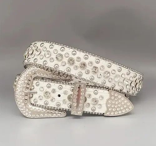VIBE White Color PU Belt Chrome Y2k Crystals Size ONE SIZE - 6 Thumbnail