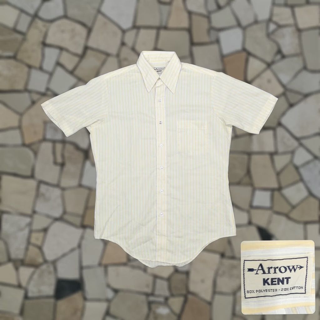 Arrow VINTAGE Arrow Kent Disco Shirt Men M Short Sleeve Striped Ribbed Point Collar Beige Yellow+" Size US M / EU 48-50 / 2 - 1 Thumbnail