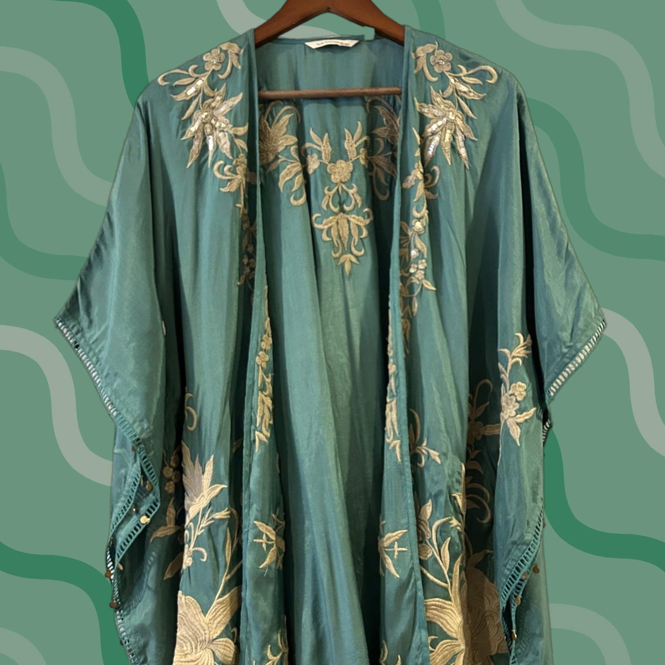 Soft Surroundings Boho Embroidered Sequin Fringe Teal/Tan Kimono Duster S/M Poncho Shirt?