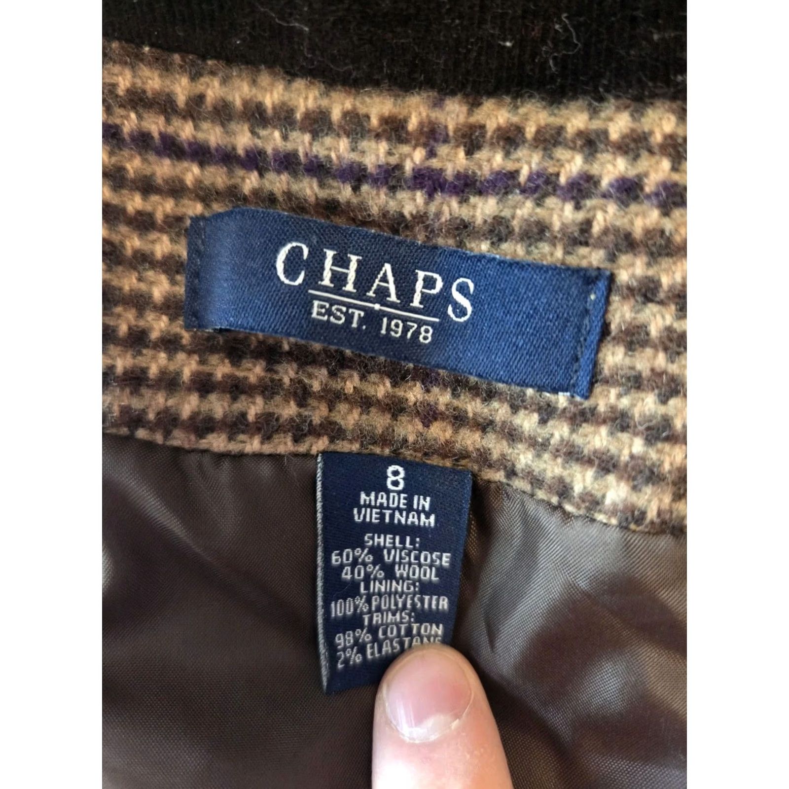 Chaps Chaps Brown Houndstooth Plaid Wool Blazer Jacket Velvet Collar Size 8 Blazer Women, Regular Fit, Wool, Tweed, Button, Dry Clean Only Size M / US 6-8 / IT 42-44 - 8 Thumbnail