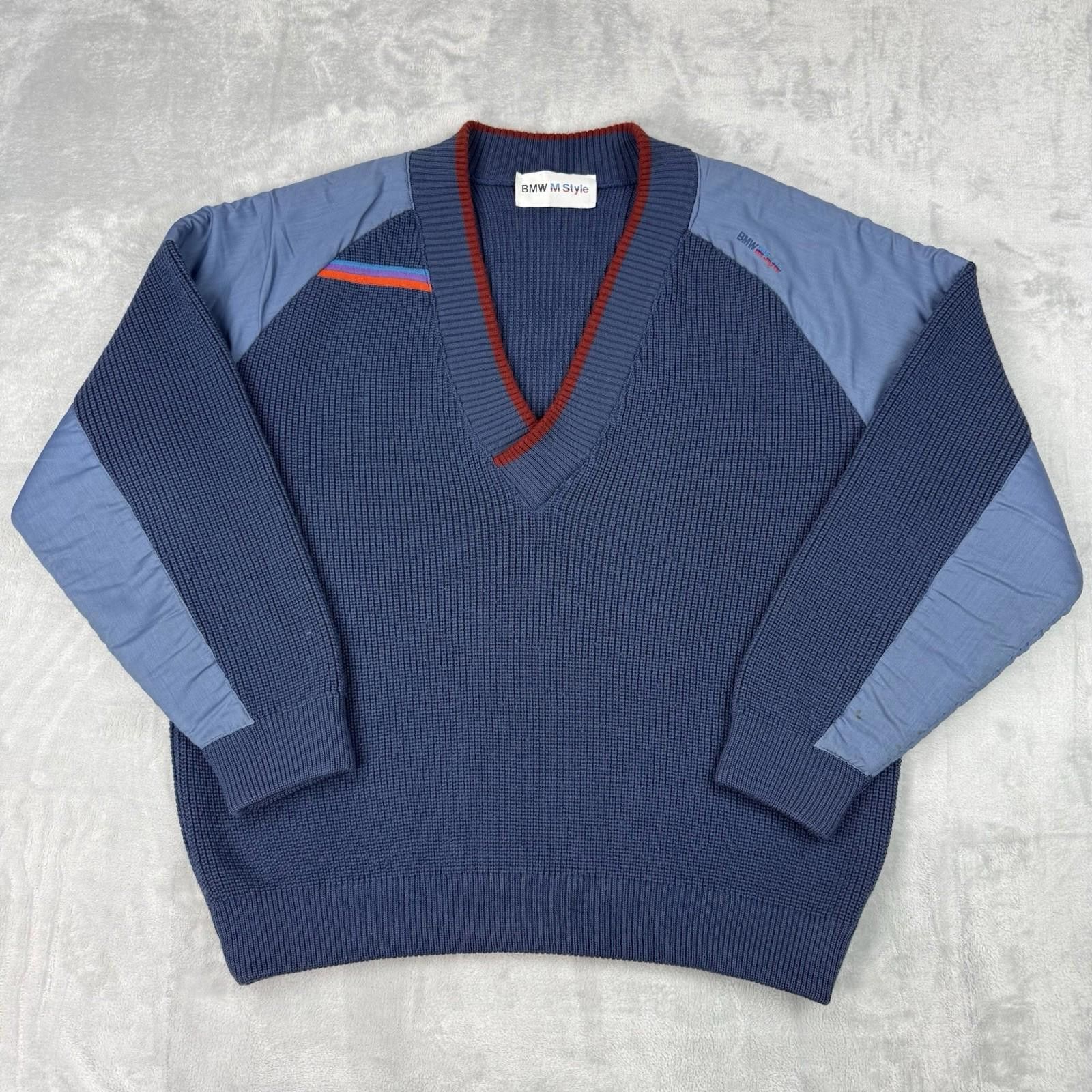 Vintage BMW M Sport 100% Wool V-Neck Sweater Blue Knit Men L