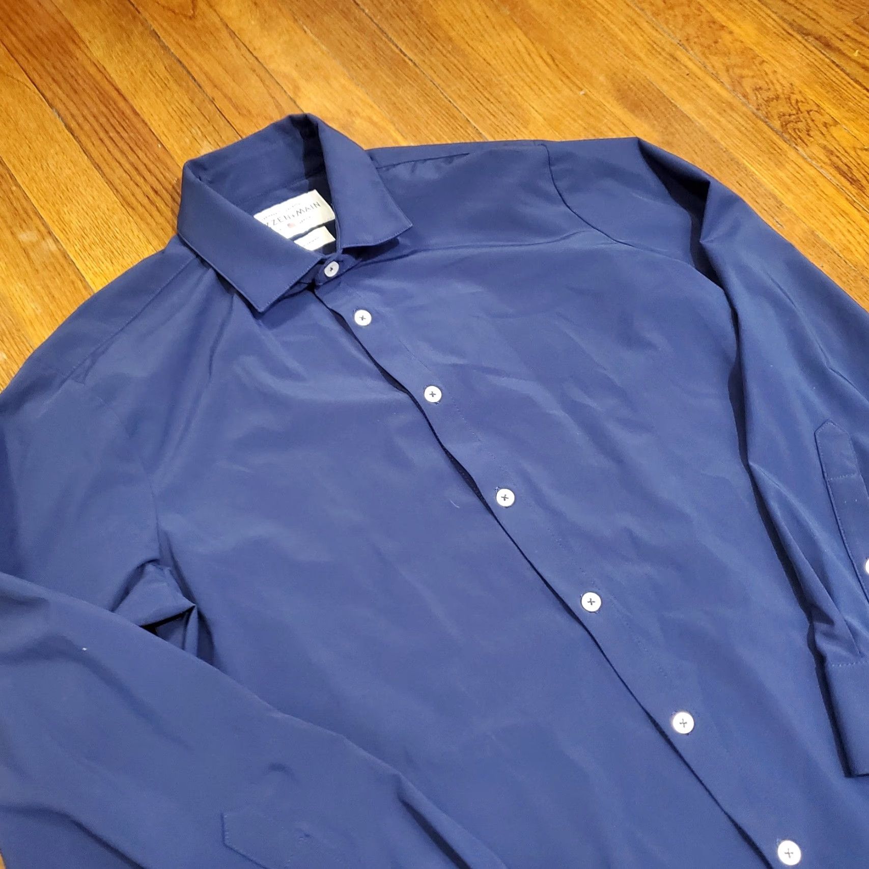 Mizzen+Main Mizzen+Main Leeward Shirt Mens Medium Blue Solid Slim Trim Fit Dress Performance Shirt Size 40R - 4 Thumbnail