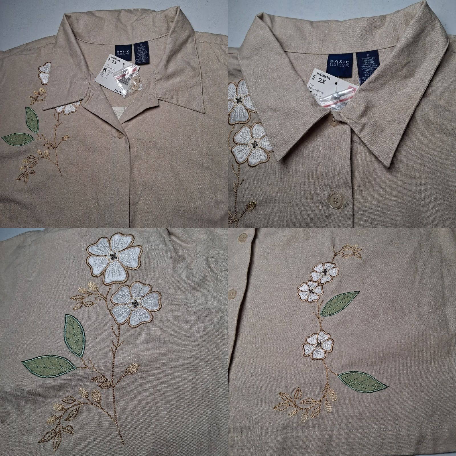 Basic Editions VINTAGE Basic Editions Shirt 2XL Beige Linen Floral Short Sleeve Women's Blouse Beaded Embroidered Flowers Linen Shirt Size XXL / US 16-18 / IT 52-54 - 8 Thumbnail