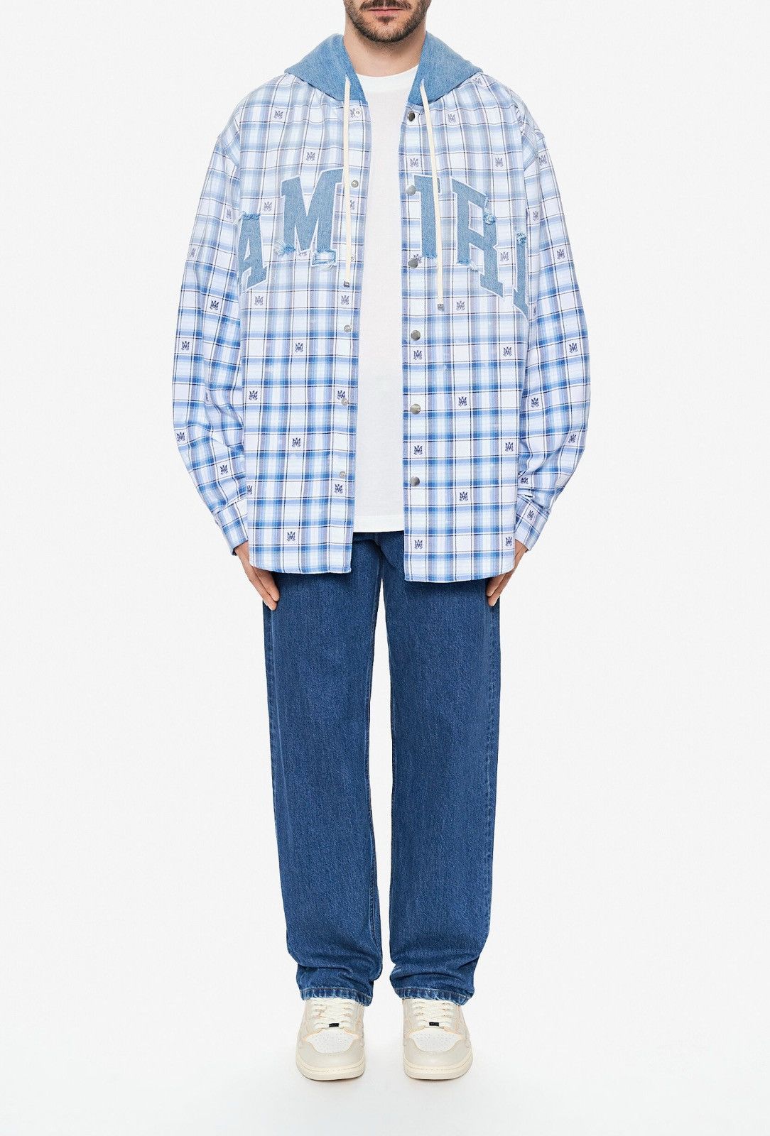 Amiri Last Size Amiri Off-White & Blue Hooded Logo Patch Overshirt Size US XL / EU 56 / 4 - 11 Thumbnail