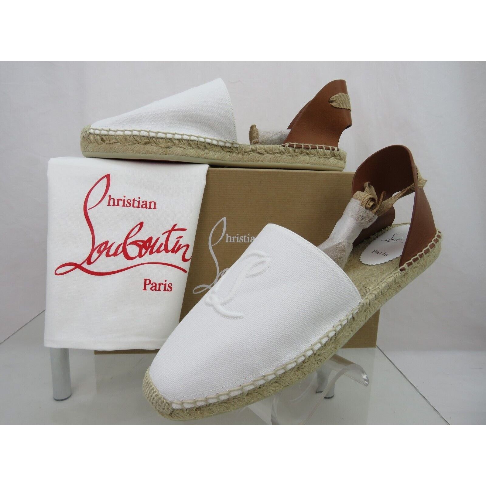 Christian Louboutin OUBOUTIN NANOU WHITE CANVAS LEATH CL LOGO TIE ESPADRILLES 39 Size US 9 / IT 39 - 11 Thumbnail