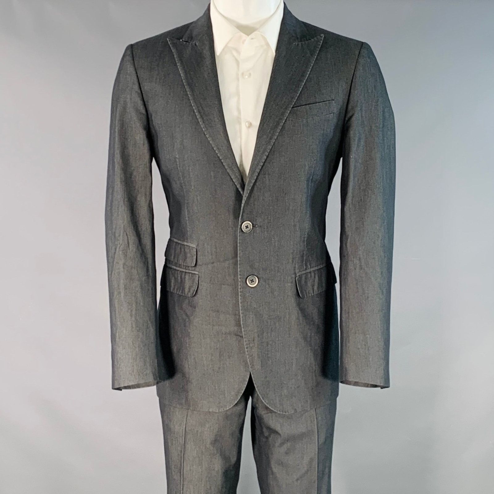 Corneliani Grey Charcoal Herringbone Cotton Silk Peak Lapel Suit Size 38R - 1 Thumbnail
