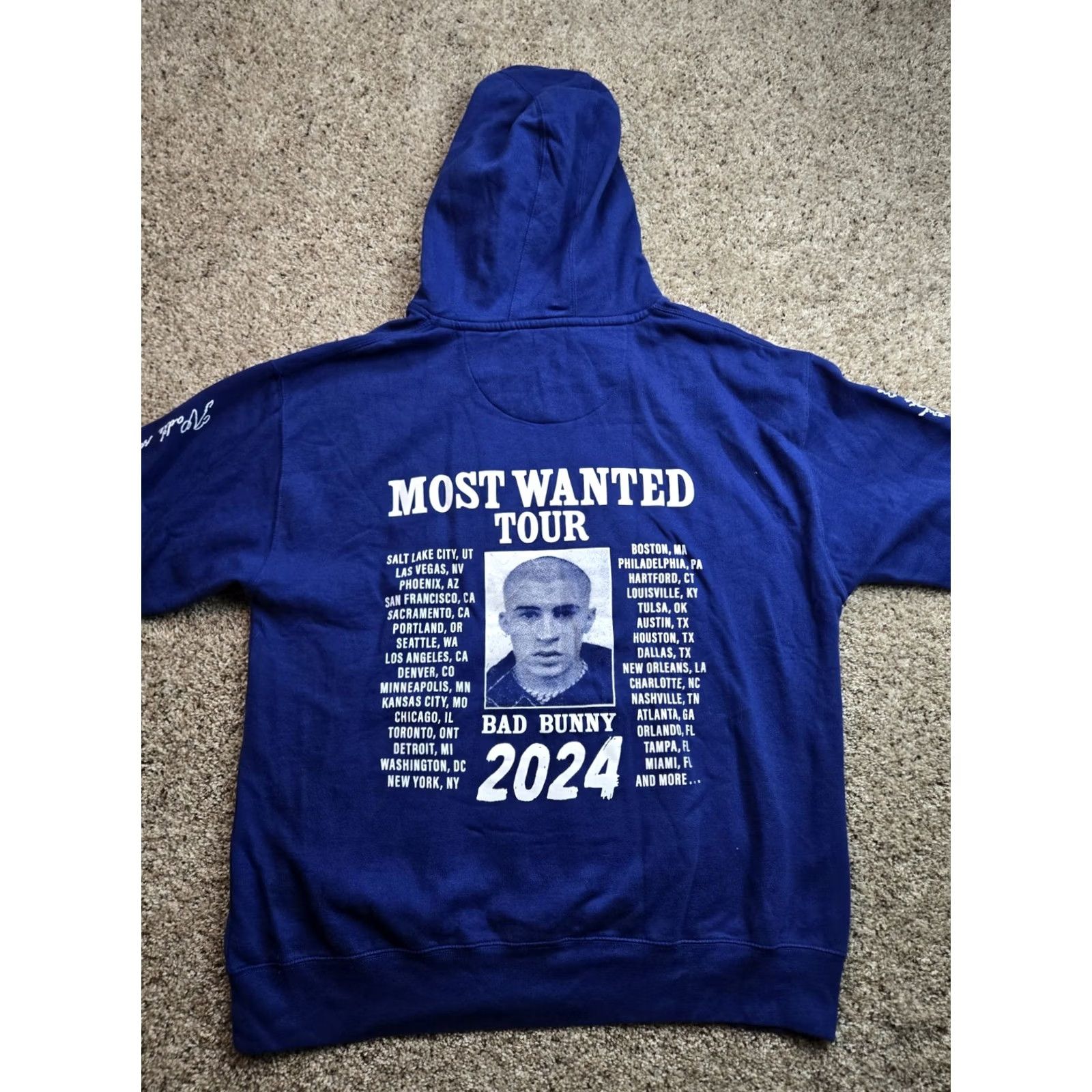 Vintage Bad Bunny Most Wanted Tour Hoodie Mens XL Blue Monaco Grand Prix Long Sleeve Crew Neck Hooded Graphic Print Pullover Size US XL / EU 56 / 4 - 6 Thumbnail