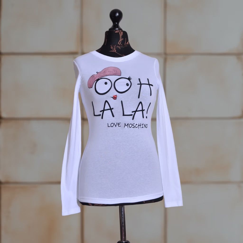 Moschino LOVE MOSCHINO White Cotton ooh la la Print T-shirt Long Sleeve IT38 / UK6 Women Adult Regular XS? Size M / US 6-8 / IT 42-44 - 1 Thumbnail