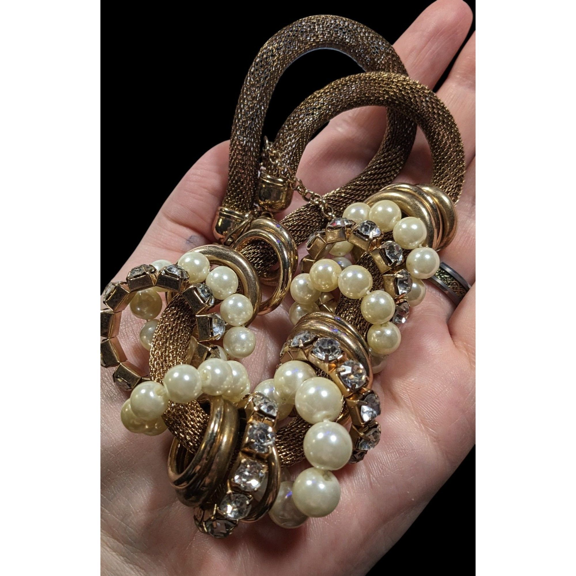Other Vintage 80s Glam Faux Pearl And Rhinestone Ring Statement Ne Size ONE SIZE - 5 Thumbnail