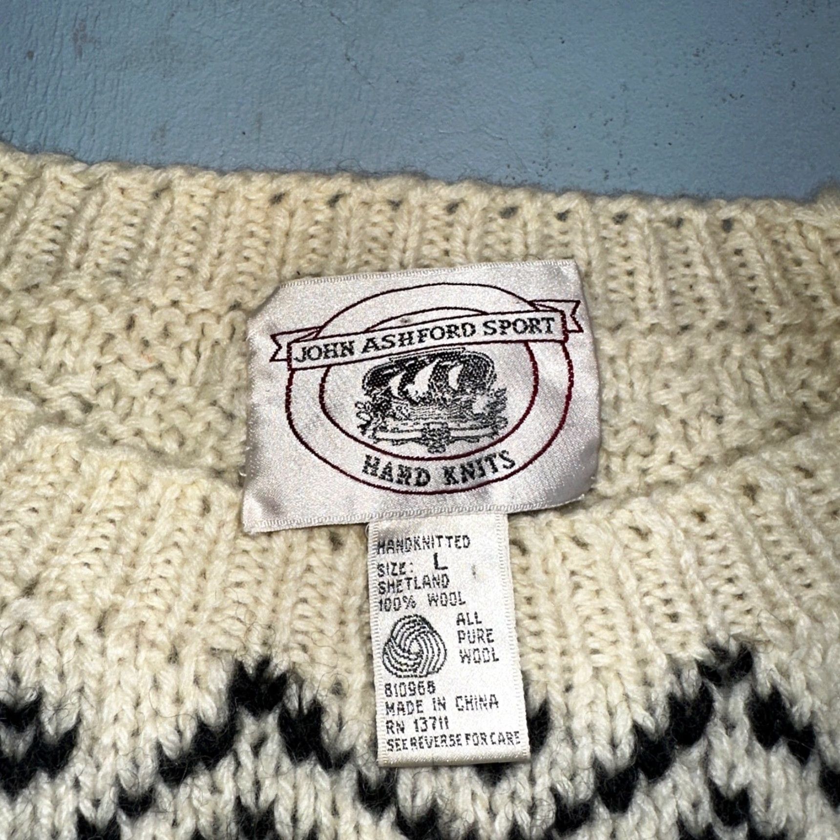 Vintage VINTAGE John Ashford Sweater Mens L Cream Ivory Wool Fair Isle 80s 90s Winter Spring Fall Heavyweight Chunky-Knit Crew Neck Pullover Size US L / EU 52-54 / 3 - 3 Thumbnail