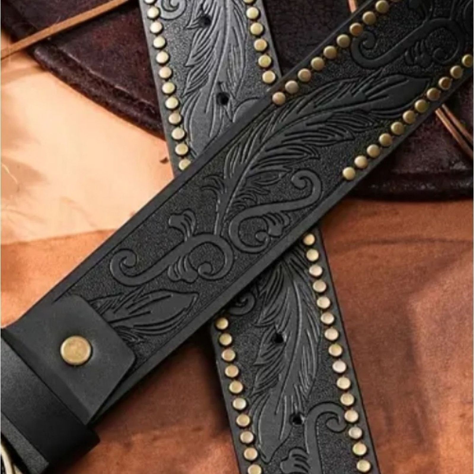 Other Vegan Black Leather Belt Western Style Embossed Pattern Size ONE SIZE - 4 Thumbnail