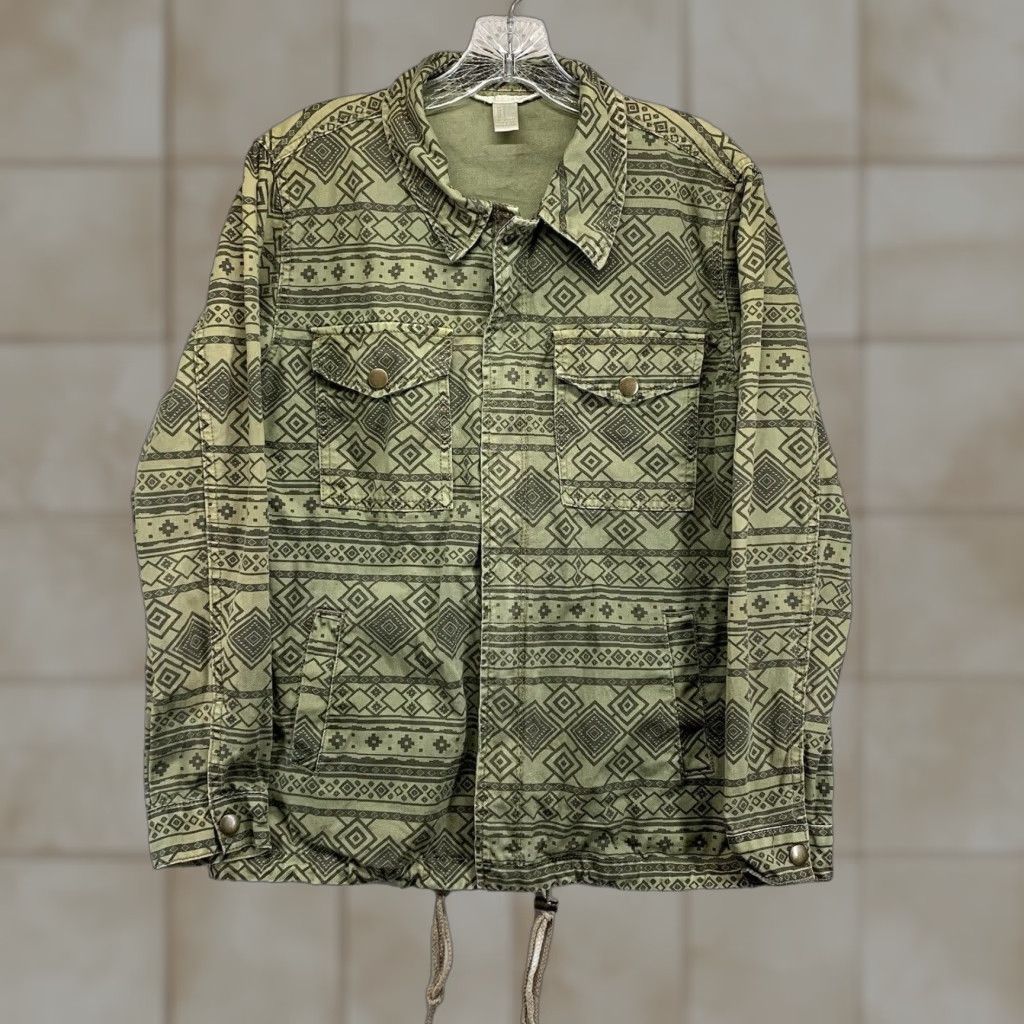 Forever 21 FOREVER 21 Women's Military Jacket Short Adjustable Cotton Tribal Pattern Green Small Fall Spring Summer Winter Size S / US 4 / IT 40 - 1 Thumbnail