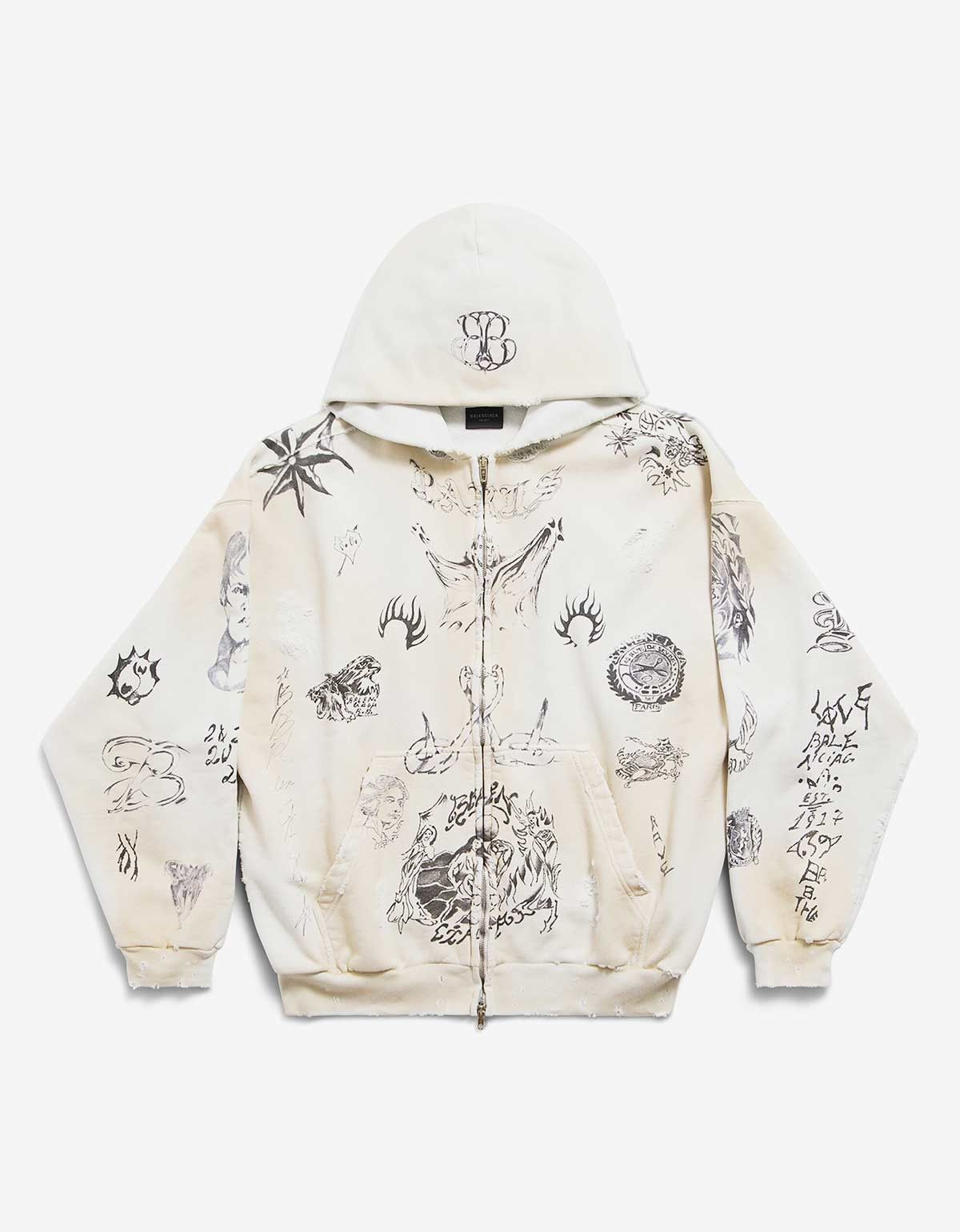 image of Balenciaga Off White Tat Zip-Up Medium Hoodie, Men's