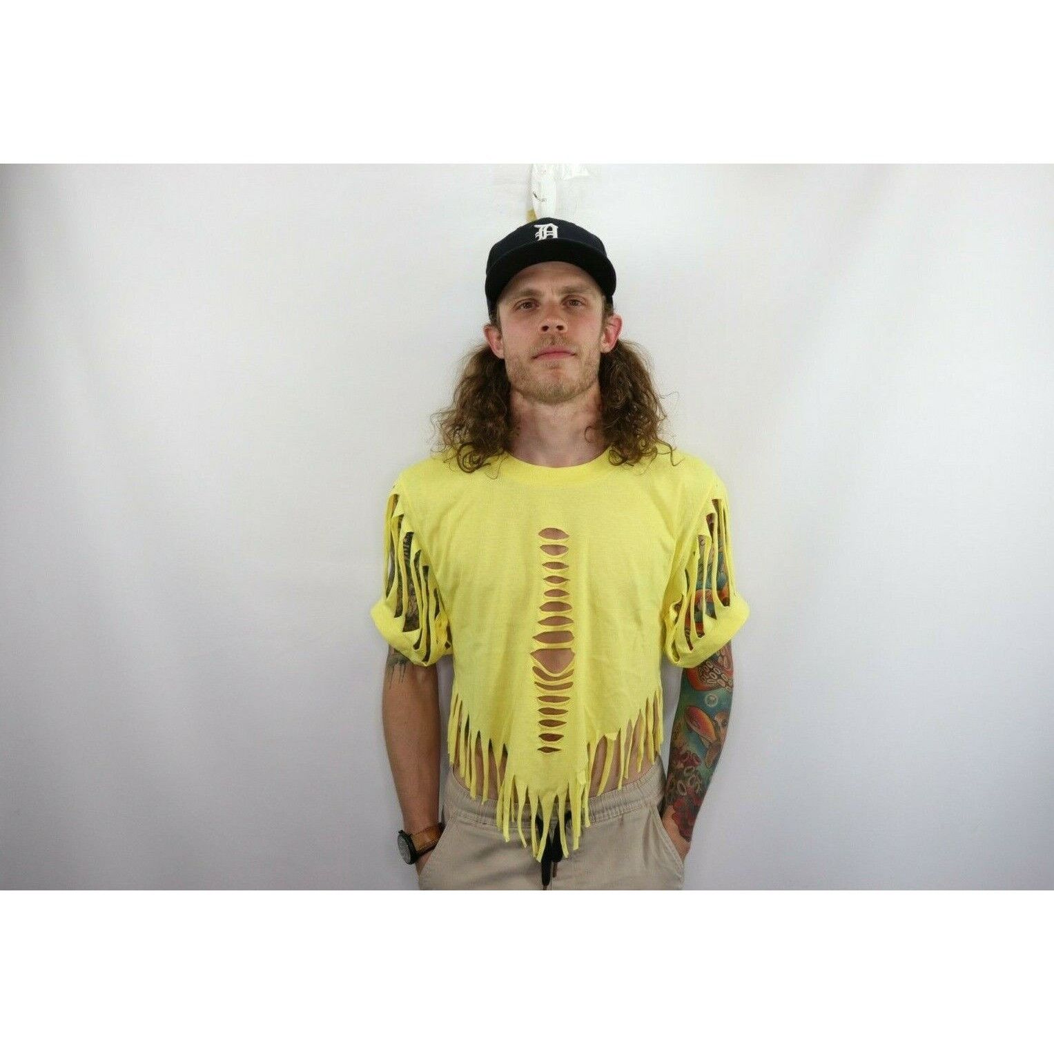 Vintage NOS Vintage 90s Streetwear Cut Fringed Crop Top T-Shirt Size US L / EU 52-54 / 3 - 1 Thumbnail