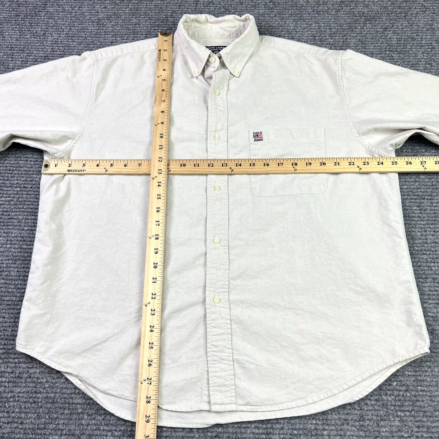 CO VINTAGE Polo Jeans Co Button Down Shirt Mens Adult Medium Embroidered RL Flag Logo Beige Size US 31 - 4 Thumbnail