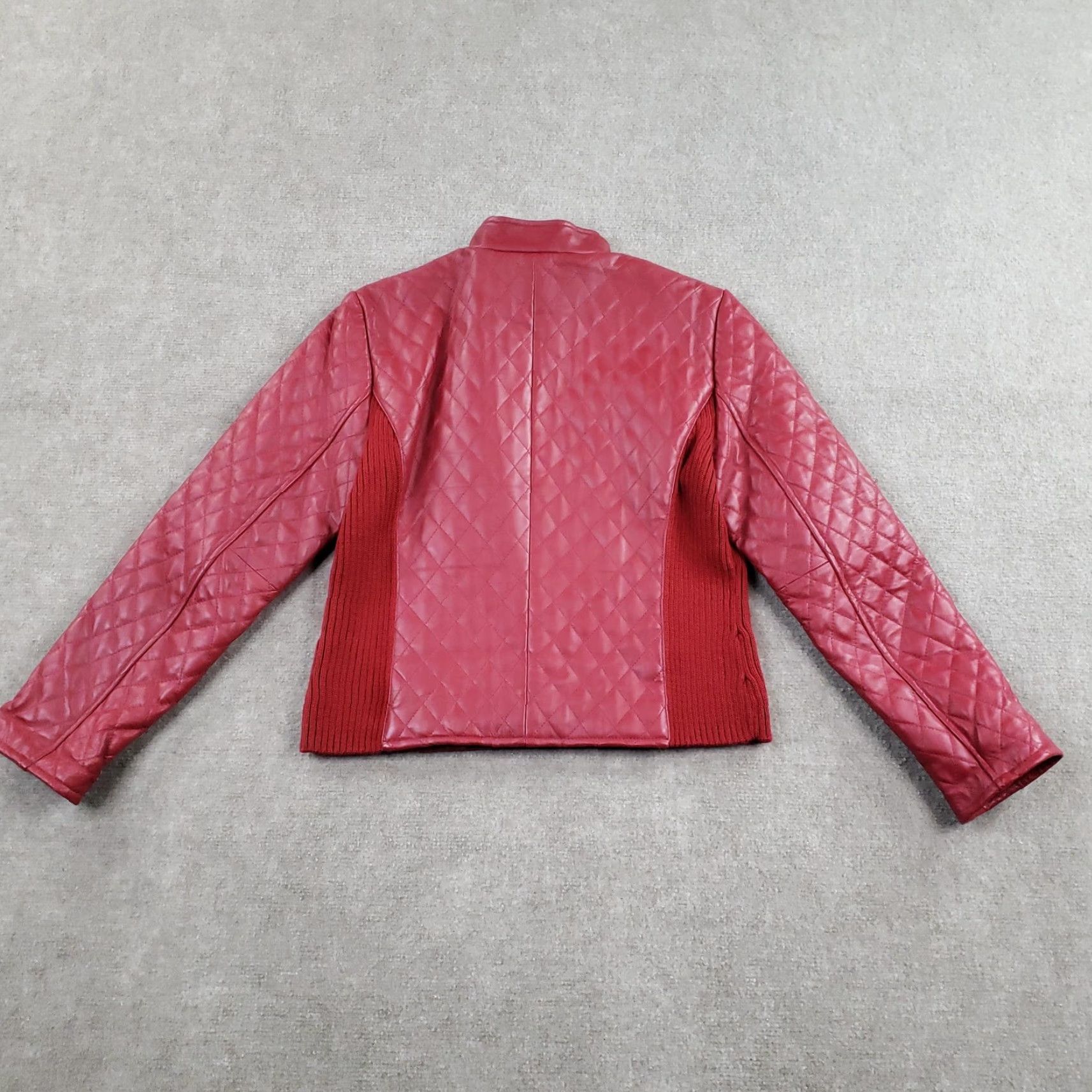 Vintage Clothes by Revue Jacket Womens 10 Red Quilted Lamb Leather Zip Front Knit Trim Size L / US 10 / IT 46 - 7 Thumbnail