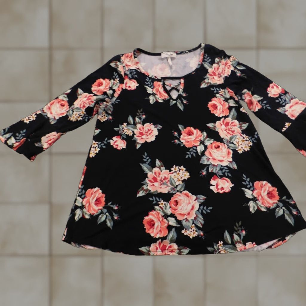 Vintage Rue Juju Womens Blouse Shirt Regular Medium Black Floral Stretch Crew Neck Long Sleeve Casual Zipper timeless Classic Vector: none (avoid adding). Size M / US 6-8 / IT 42-44 - 1 Thumbnail
