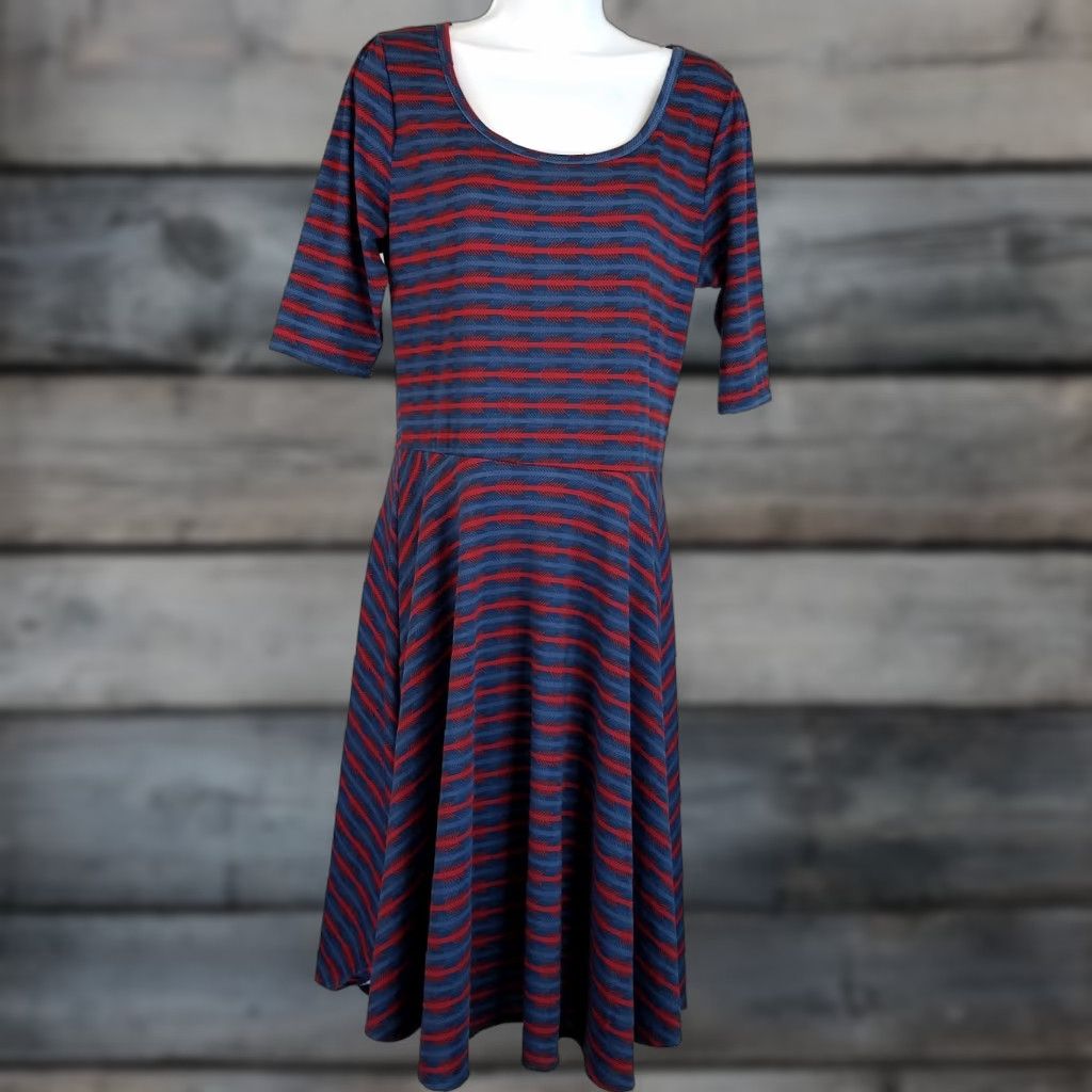 Vintage LuLaRoe Nicole Dress XL Blue Red Arrows Striped 3/4 Sleeve Scoop Neck Polyester Blend Fit & Flare Womens Size XL / US 12-14 / IT 48-50 - 1 Thumbnail
