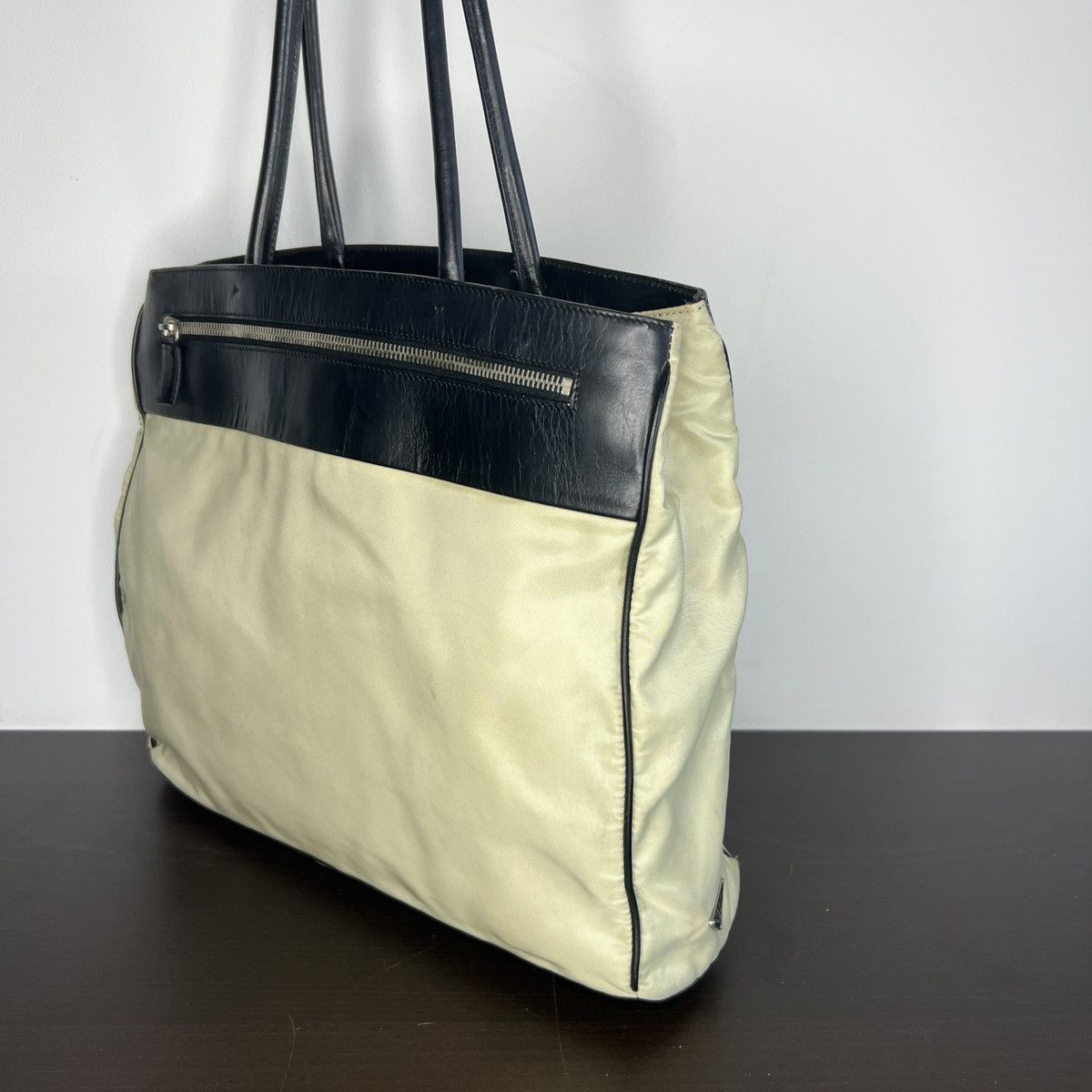 Prada Prada Re-nylon Beige Black Leather Shoulder Tote Bag Logo Size ONE SIZE - 6 Thumbnail