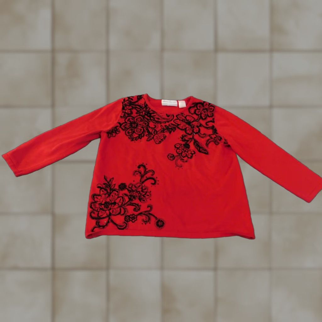Vintage VINTAGE Alfred Dunner Sweater Womens Petite Small Red Black Floral Print Long Sleeve Top Size S / US 4 / IT 40 - 1 Thumbnail