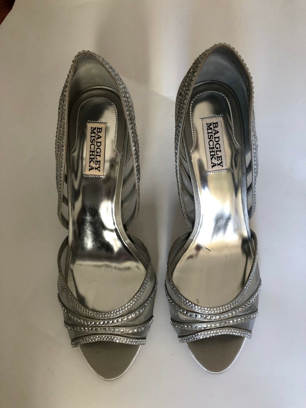 Badgley Mischka New Badgley Mischka Silver Satin Stones Heels L 9M R 9.5 Size US 9 / IT 39 - 2 Thumbnail