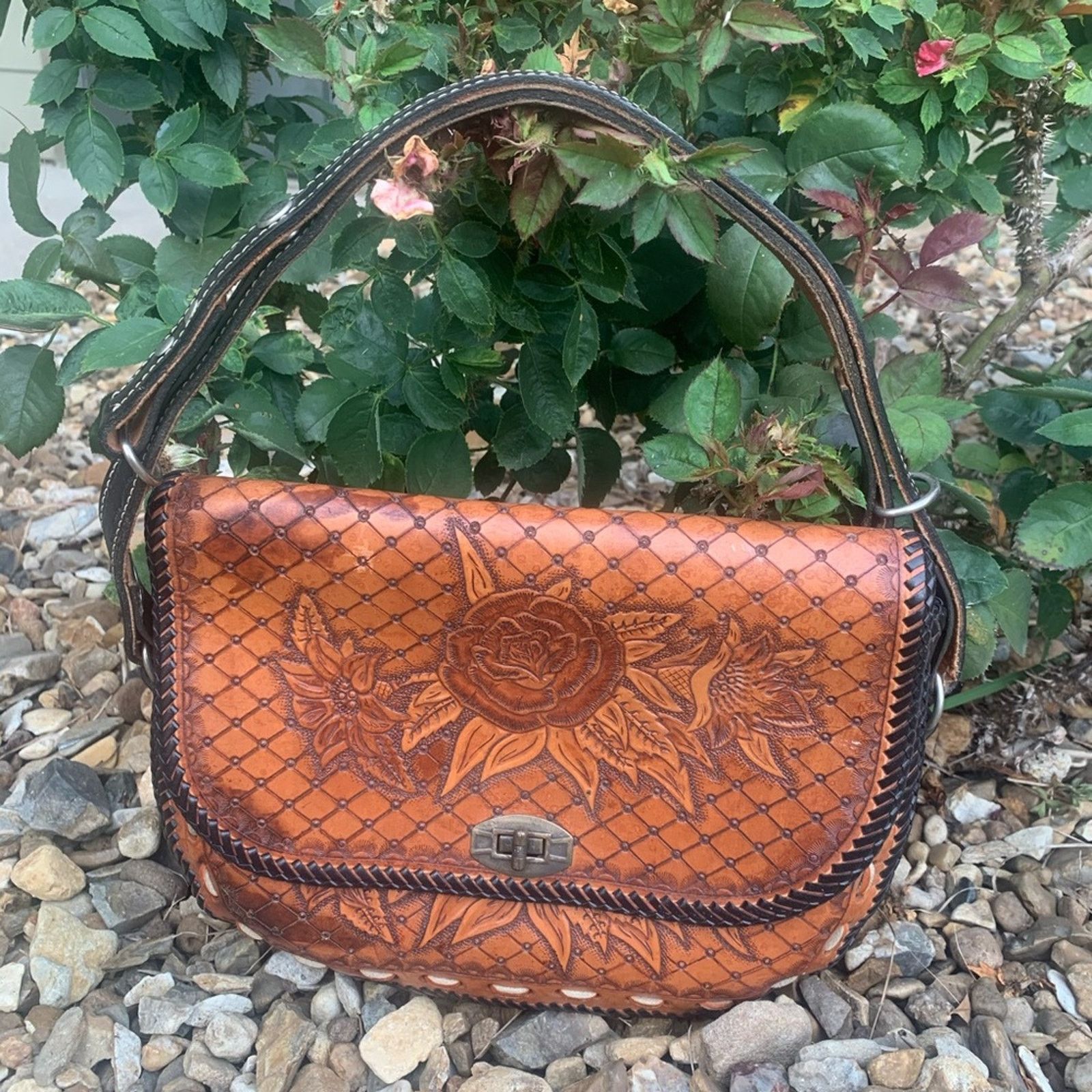 image of Vintage Hand Tooled Leather Turn Lock Purse in Tan, Women's