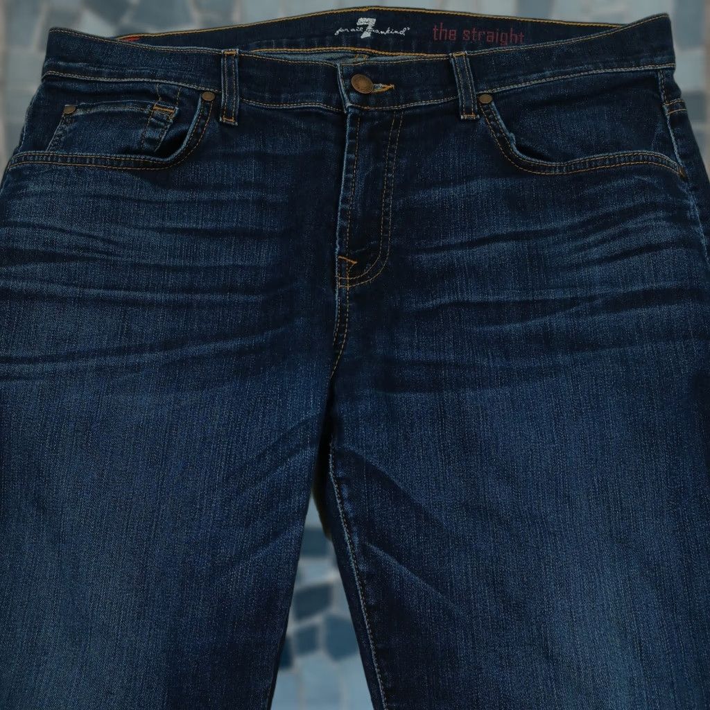 7 For All Mankind Jeans Men 38x34 Blue Denim Straight Preppy Casual Logo 5-Pocket Distressed Button Regular Vintage: No Mens Regular Jeans