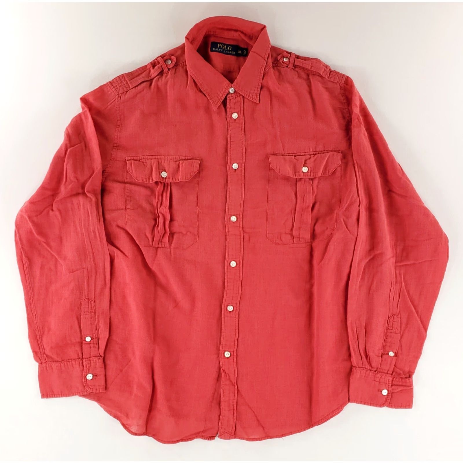 Polo Ralph Lauren Polo Ralph Lauren Button-Up Shirt Red Epaulettes Mens XL Sheer Long Sleeve Shirt Size US XL / EU 56 / 4 - 2 Thumbnail