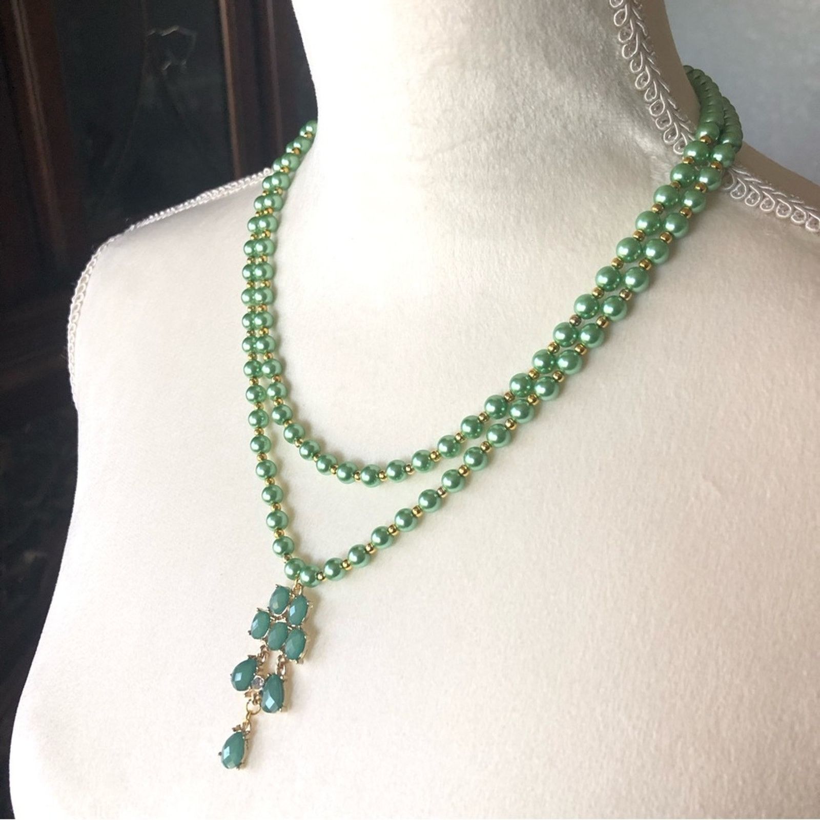 Handmade Handcrafted green Czech Pearl genuine prehnite necklace Size ONE SIZE - 1 Thumbnail