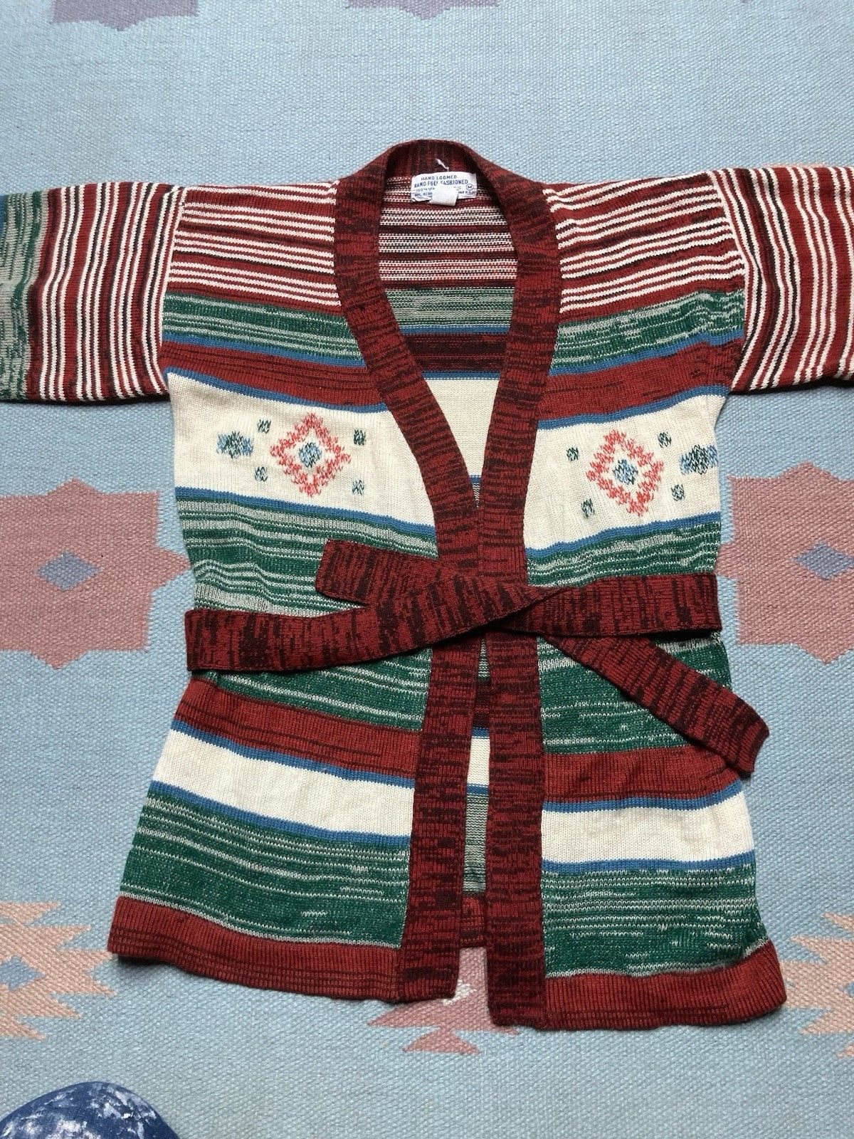 Vintage 70s acrylic knit sweater robe smoking jacket striped medium Size M / US 6-8 / IT 42-44 - 3 Thumbnail