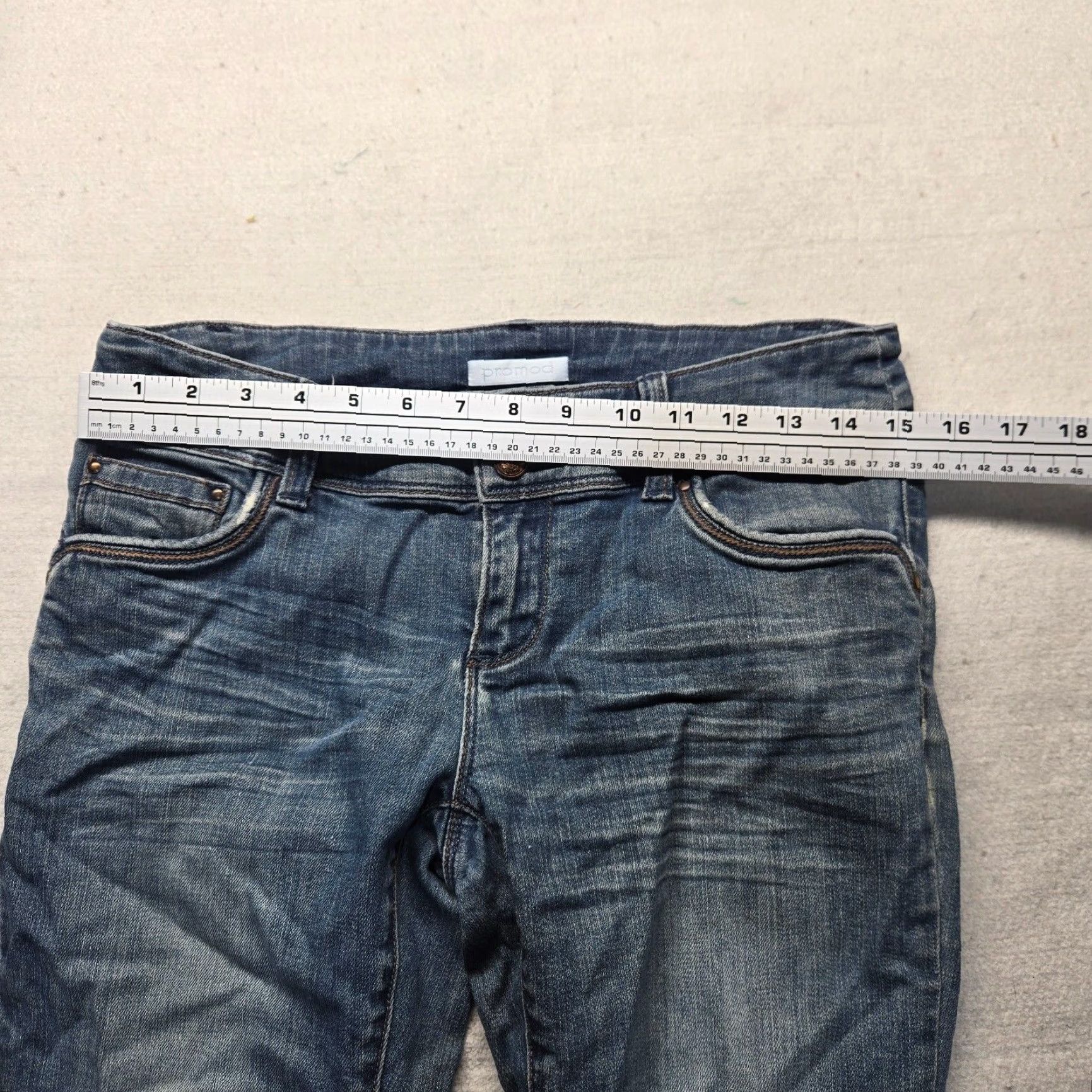 Denime Promod Jeans Women's Low-Rise Stretch Distressed Blue Denim Size 12 Regular 5-Pocket Straight Fit Size 34" / US 12 / IT 48 - 5 Thumbnail