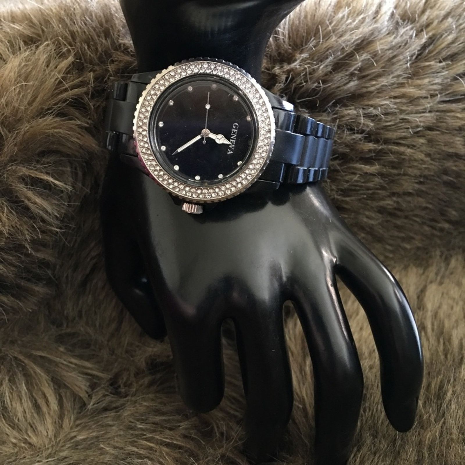 Geneva Ladies Geneva black plastic band rhinestone watch Size ONE SIZE - 2 Thumbnail