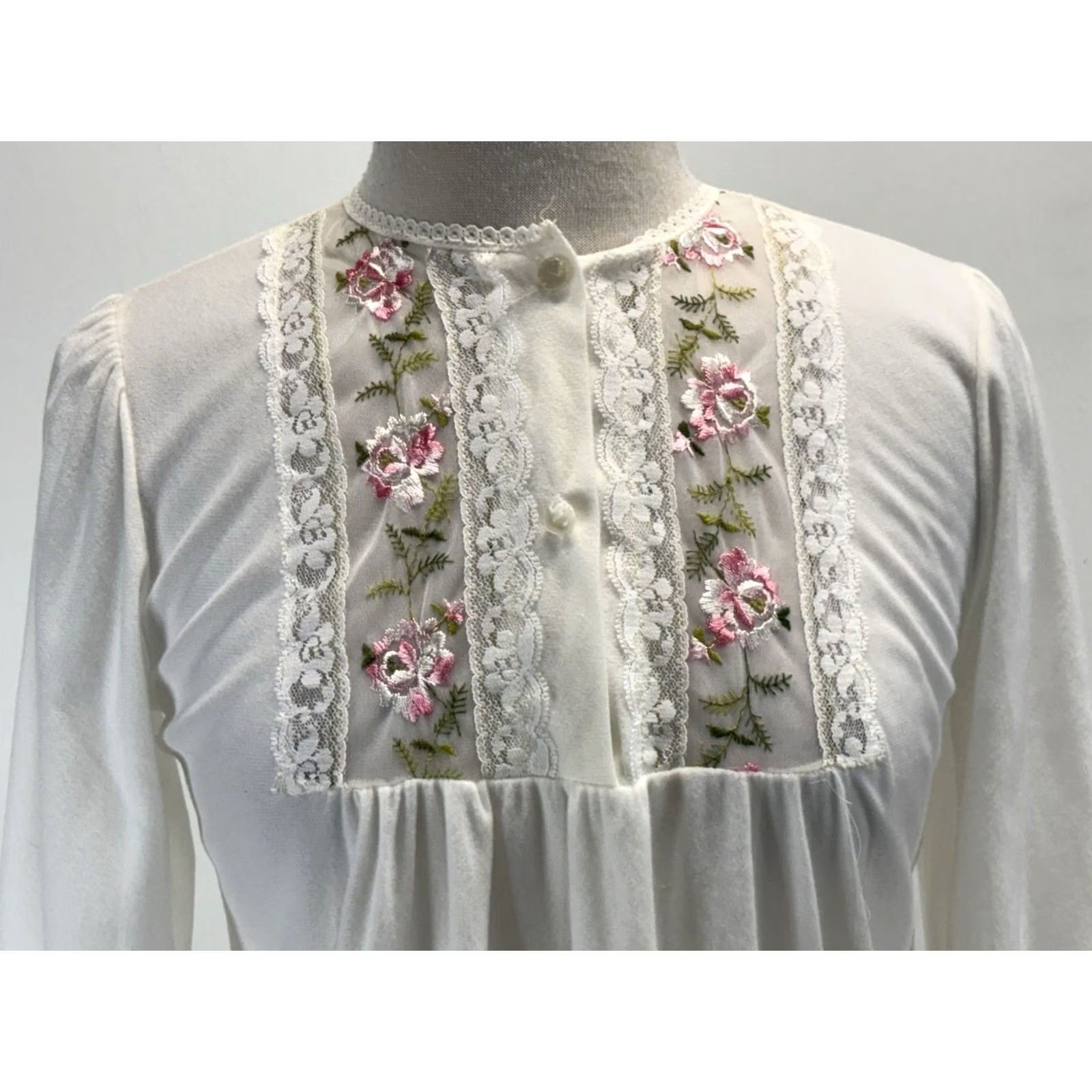Lee VINTAGE Shannon Lee Nightgown Micro Fleece Ivory Floral Embroidered USA L Nightgown Women’s 1980s Victorian Nylon Regular, Original, Small RunMens? Size ONE SIZE - 5 Thumbnail
