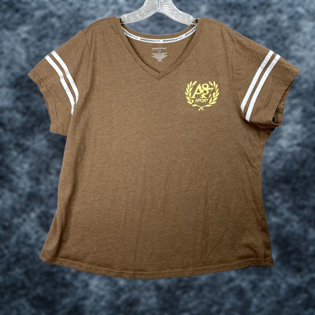 Vintage Aéropostale A87 T-Shirt Women's 2X Brown V-Neck Pullover Short Sleeve Activewear Casual Sportswear Sweatshirt Style Size XXL / US 16-18 / IT 52-54 - 1 Thumbnail
