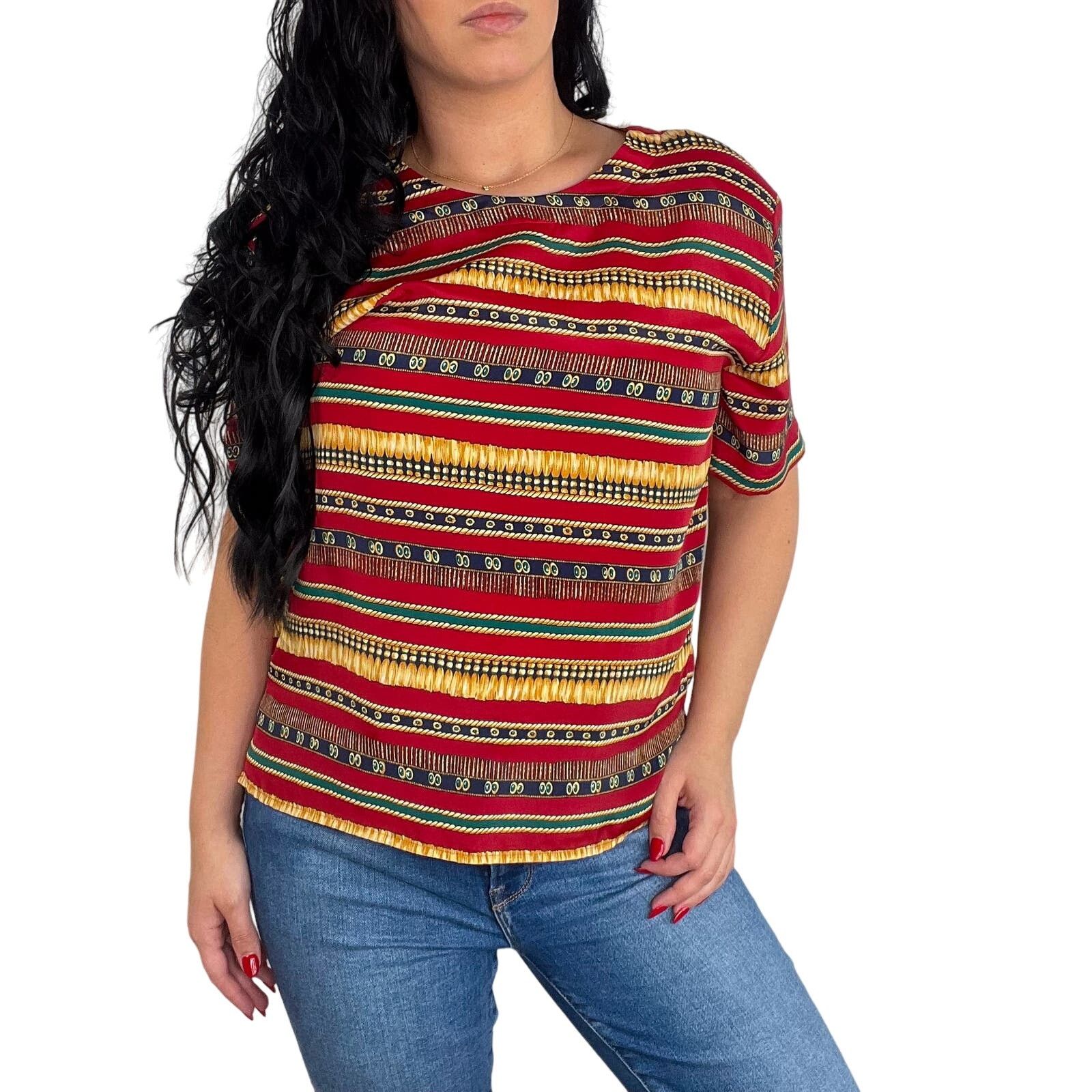 Vintage 1980s Vintage Red & Gold Retro Geometric Blouse Large Size M / US 6-8 / IT 42-44 - 3 Thumbnail