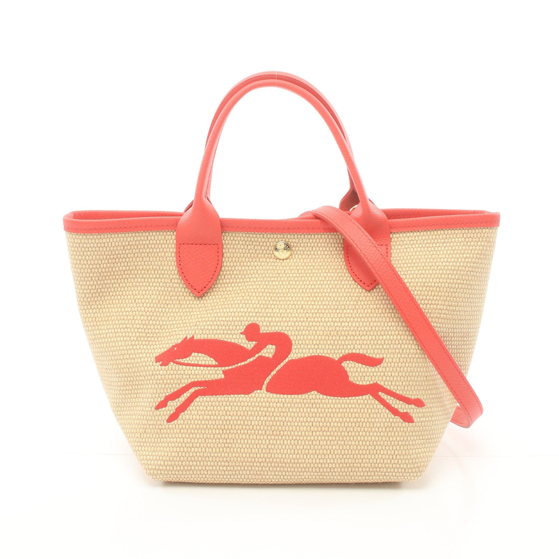 Longchamp Longchamp Le Pannier Preage Basket Bag Handbag Straw Leather Beige Red Size ONE SIZE - 1 Thumbnail